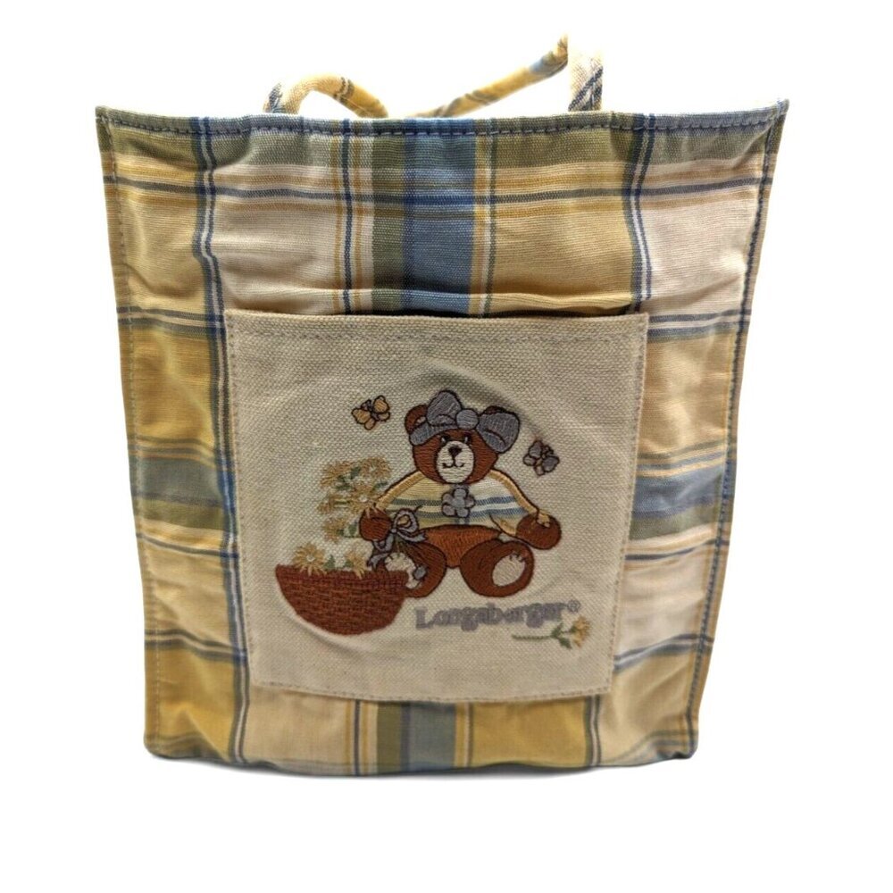 Longaberger Yellow Plaid Lunch Tote Bag Small Teddy Bear w Basket
